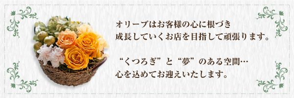 オリーブはお客様の心に根づき成長していくお店を目指して頑張ります。“くつろぎ”と“夢”のある空間…心を込めてお迎えいたします。